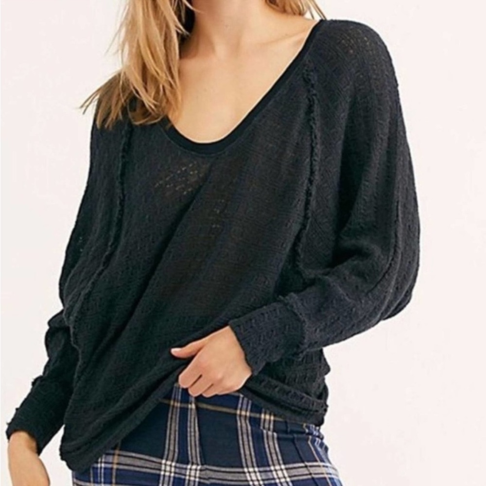FREE PEOPLE Thien's Hacci Top Drop Shoulder Raw Seams Charcoal Gray Size Large